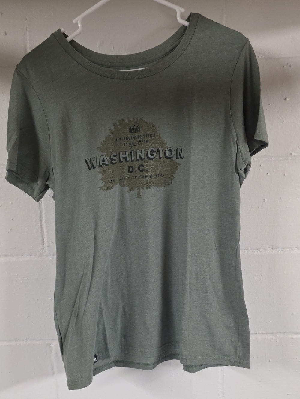 REI Women's Short Sleeve T-Shirt in Olive Green with Washington D.C. Graphic